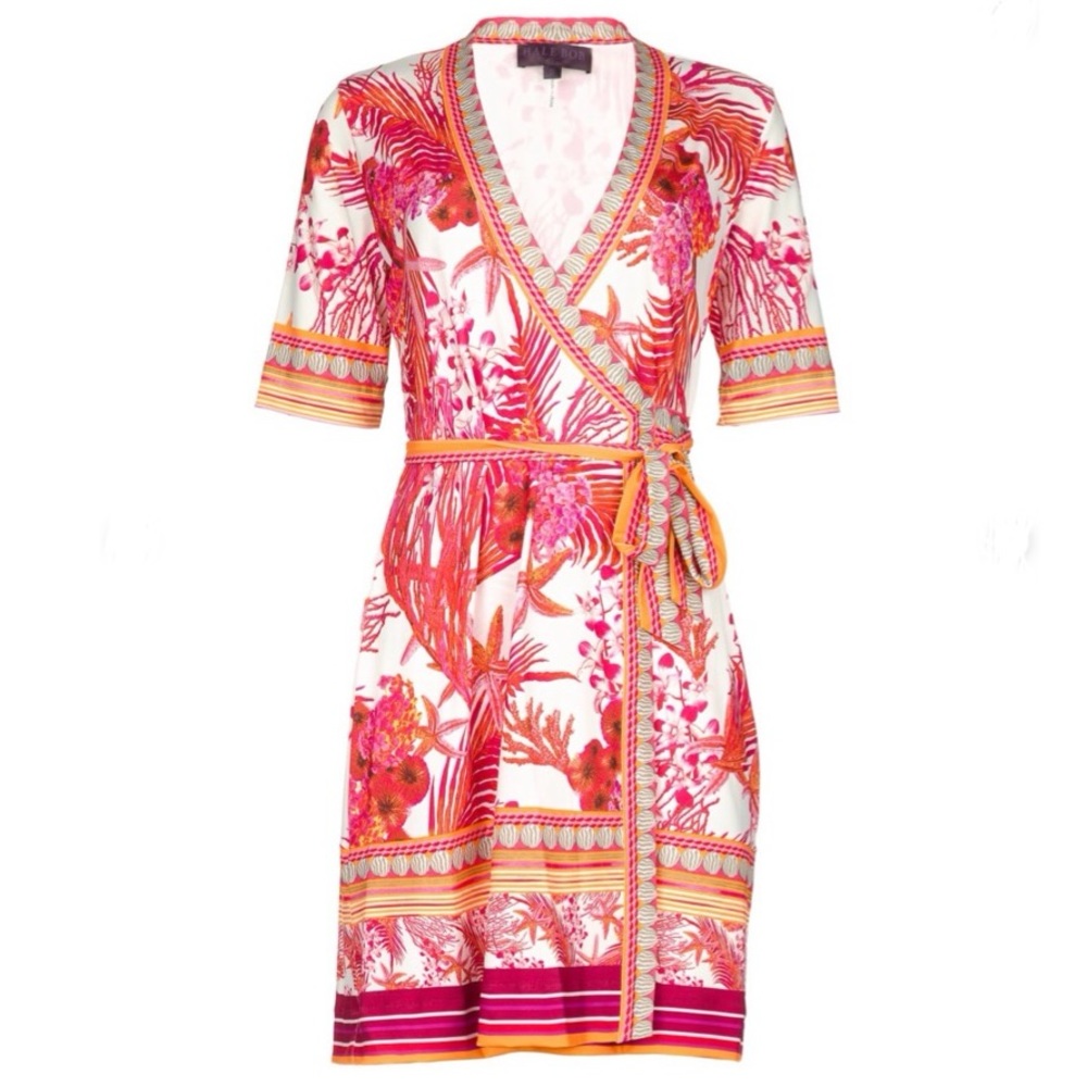 Hale Bob Tropical Coral Print Wrap Dress